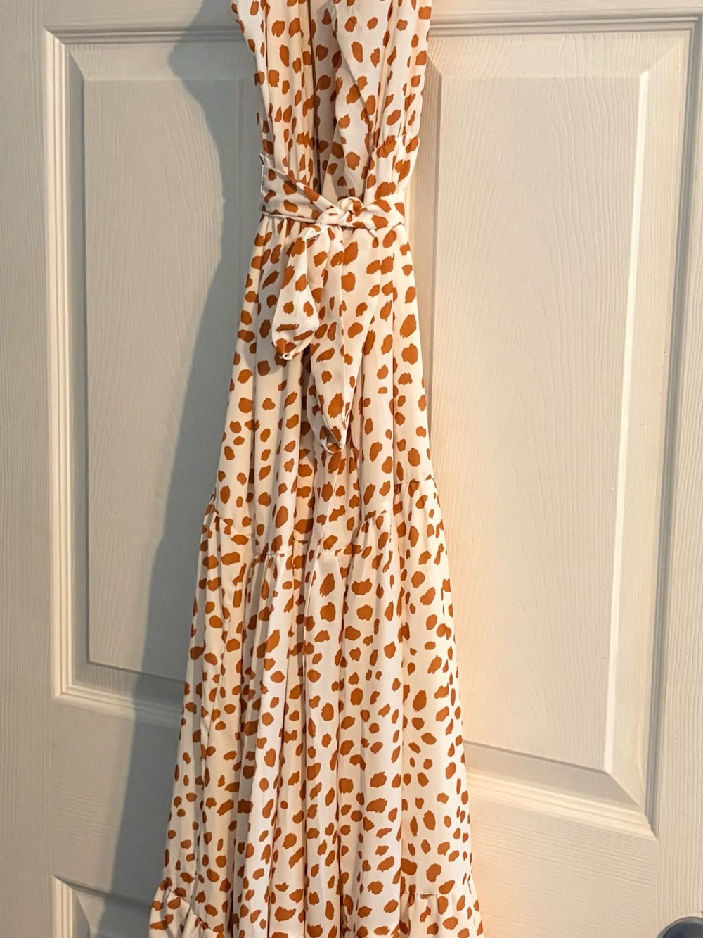 White Maxi Dress with Tan Spot Print - Flattering Tie-Waist